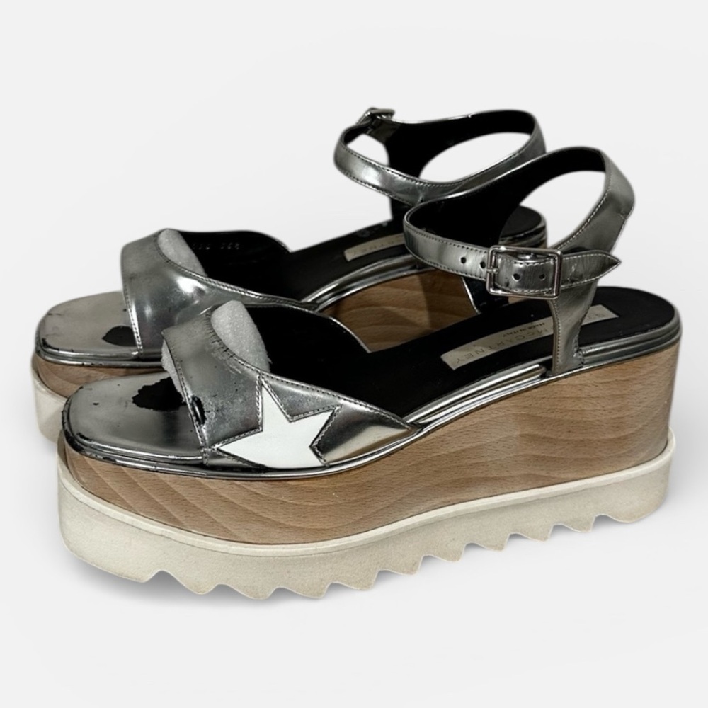 Stella McCartney Elyse Indium Star Platform Sandals Silver Metallic Size 36.5